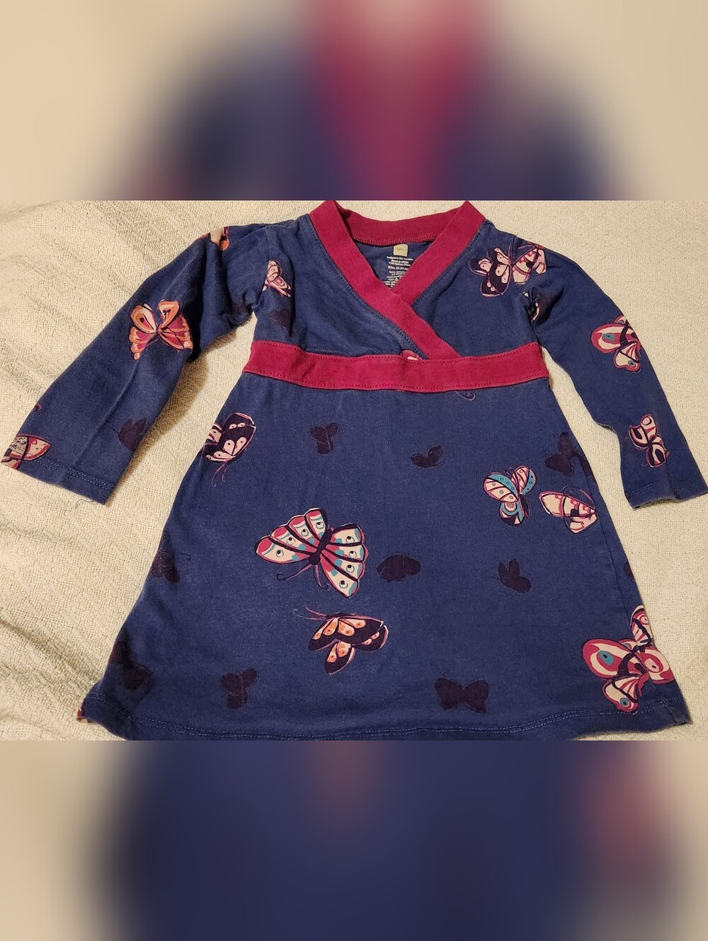 Girls Navy Butterfly Print Wrap Dress with Pink Trim